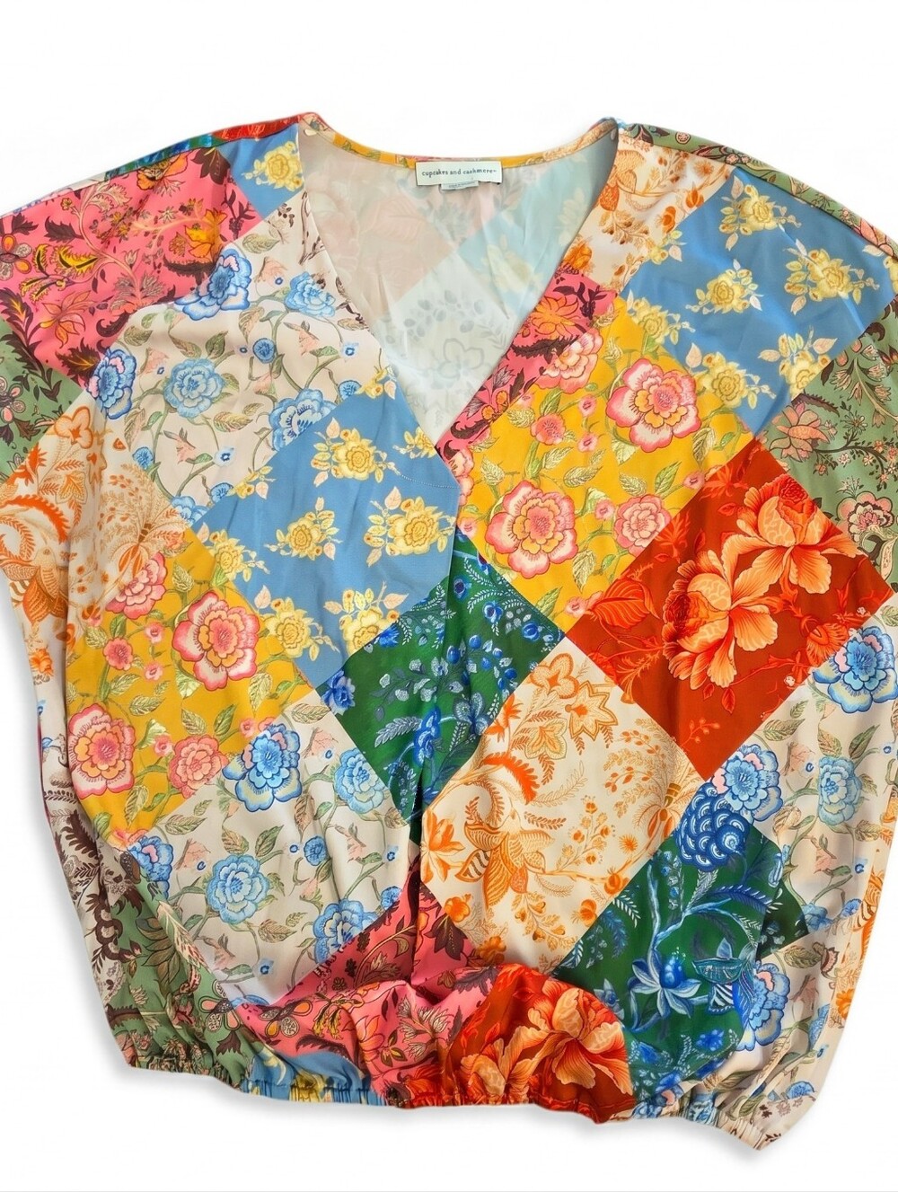 Cupcakes & Cashmere XL Silky Multicolor Patchwork Split Neck Short Sleeve